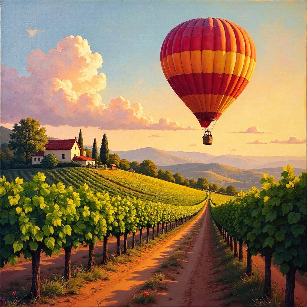 Oil Painting: Hot Air Balloon Over a Vineyard