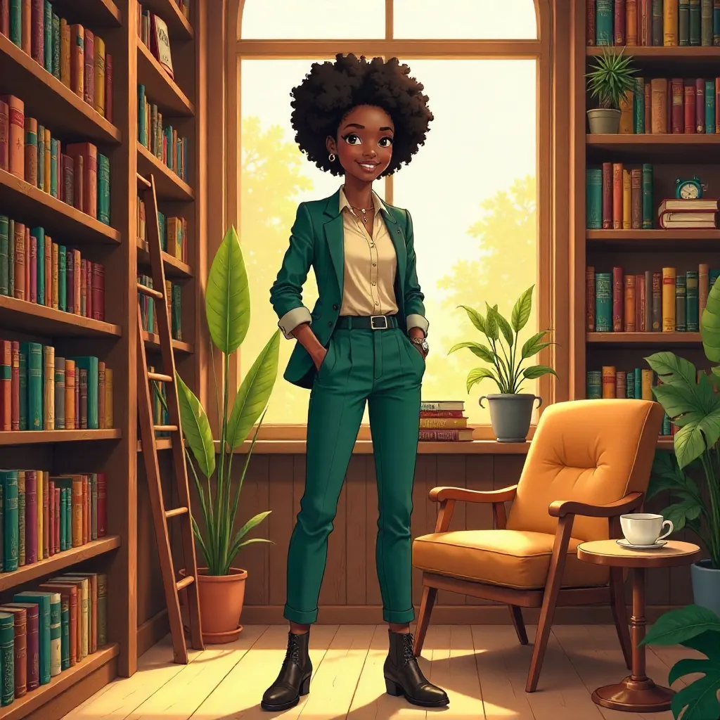 Confident Black Woman in Anime Bookstore