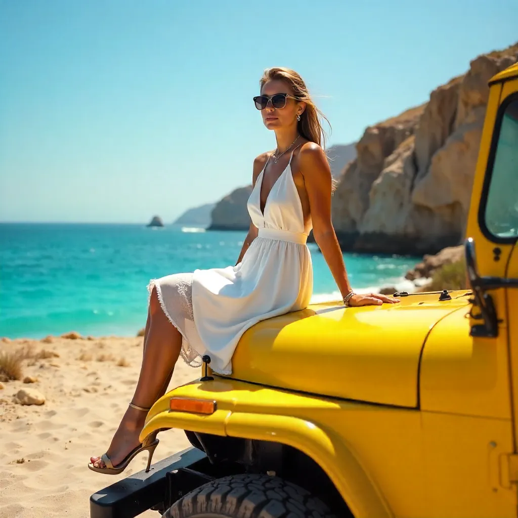 Coastal Style: Woman in White Dress on a Yellow Jeep