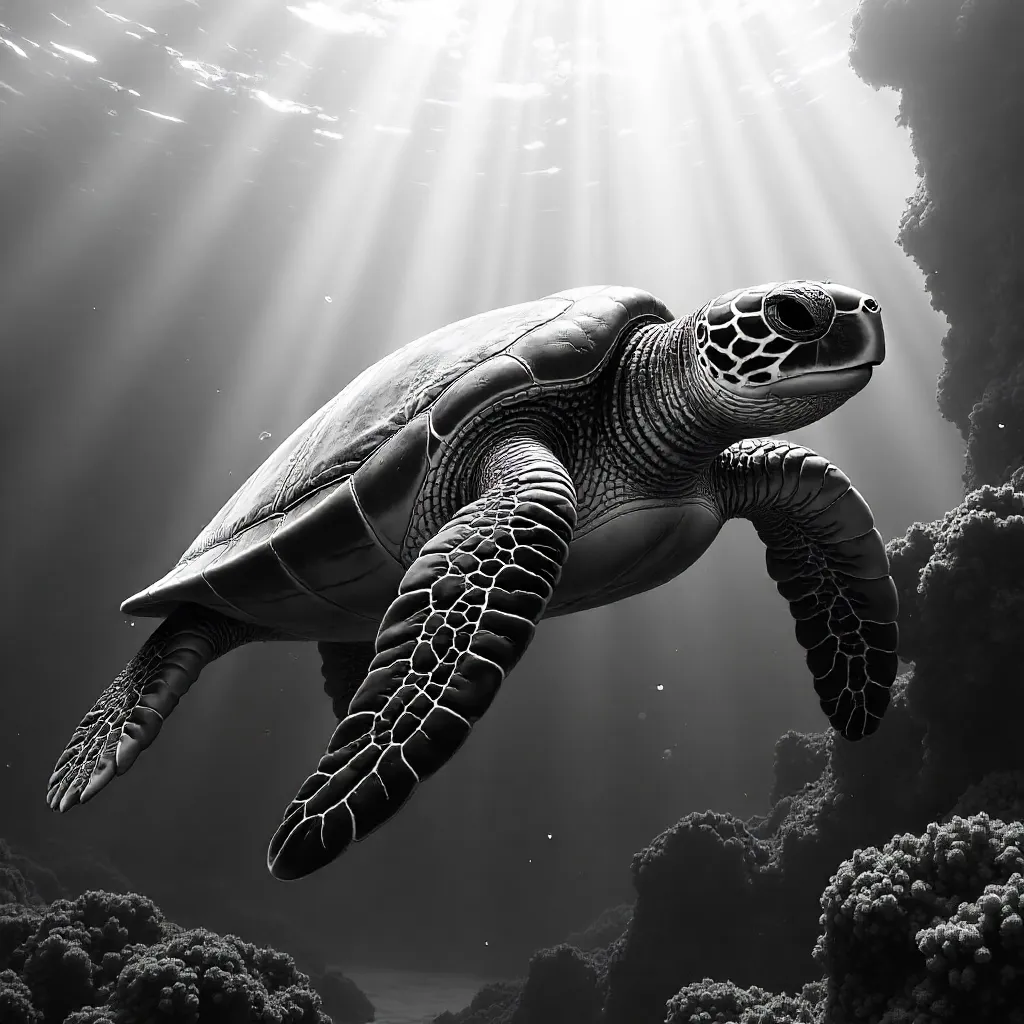 Graceful Black and White Sea Turtle Underwater