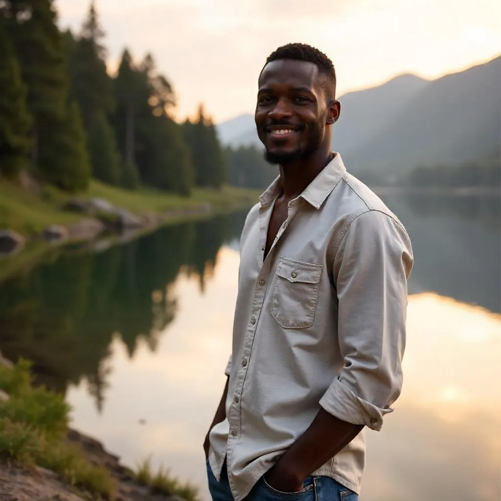 Photorealistic Portrait by a Lake at Golden Hour