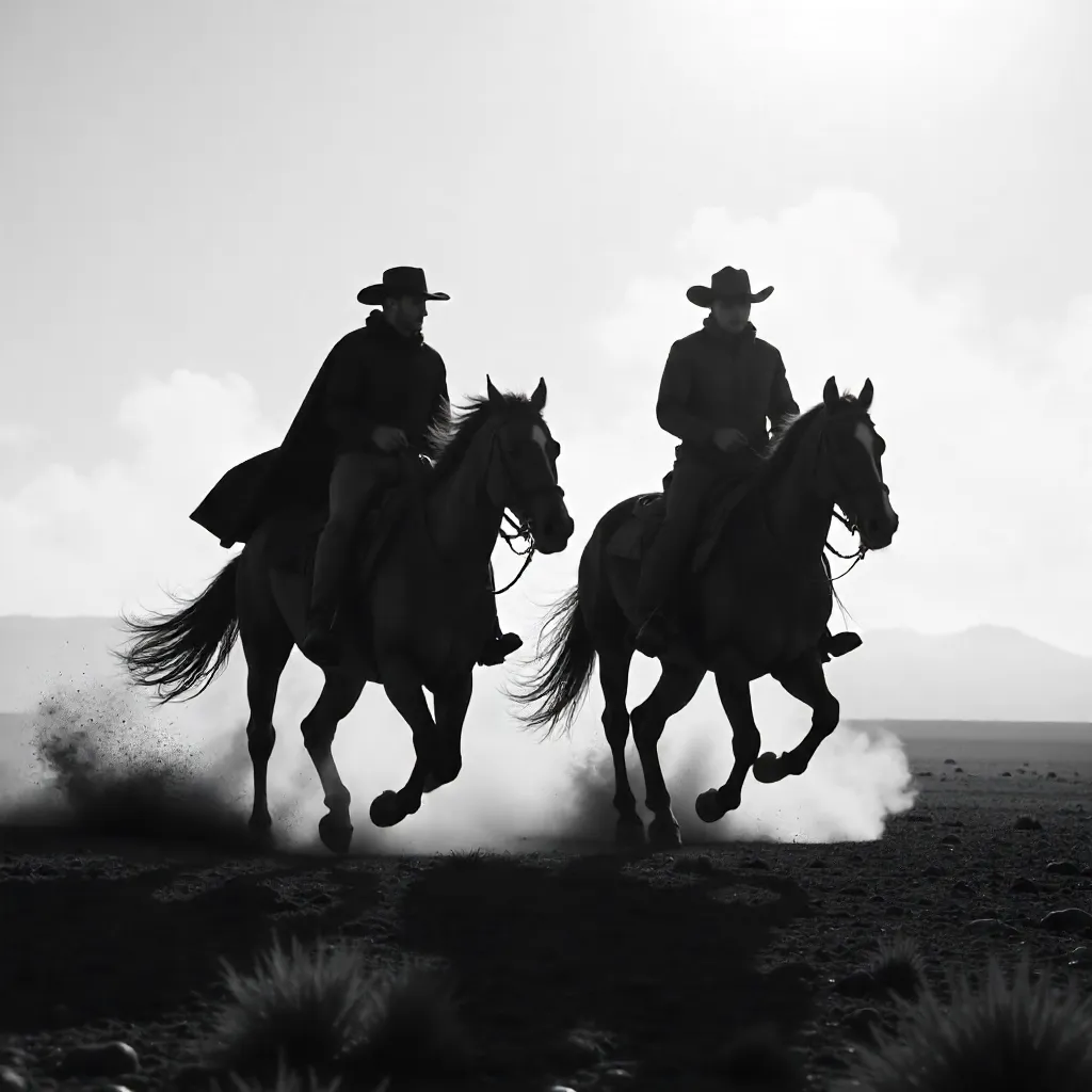 Two Riders Gallop Across Misty Plains in Dynamic B&W