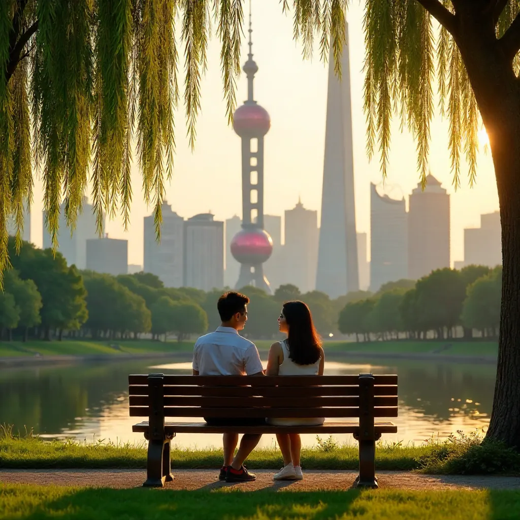 Serene Shanghai Park with Modern Skyline