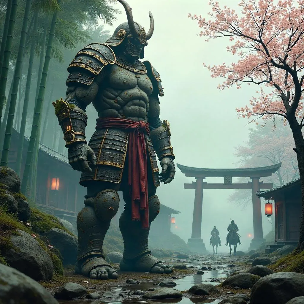 Photoreal Golem in Feudal Japan at Dawn