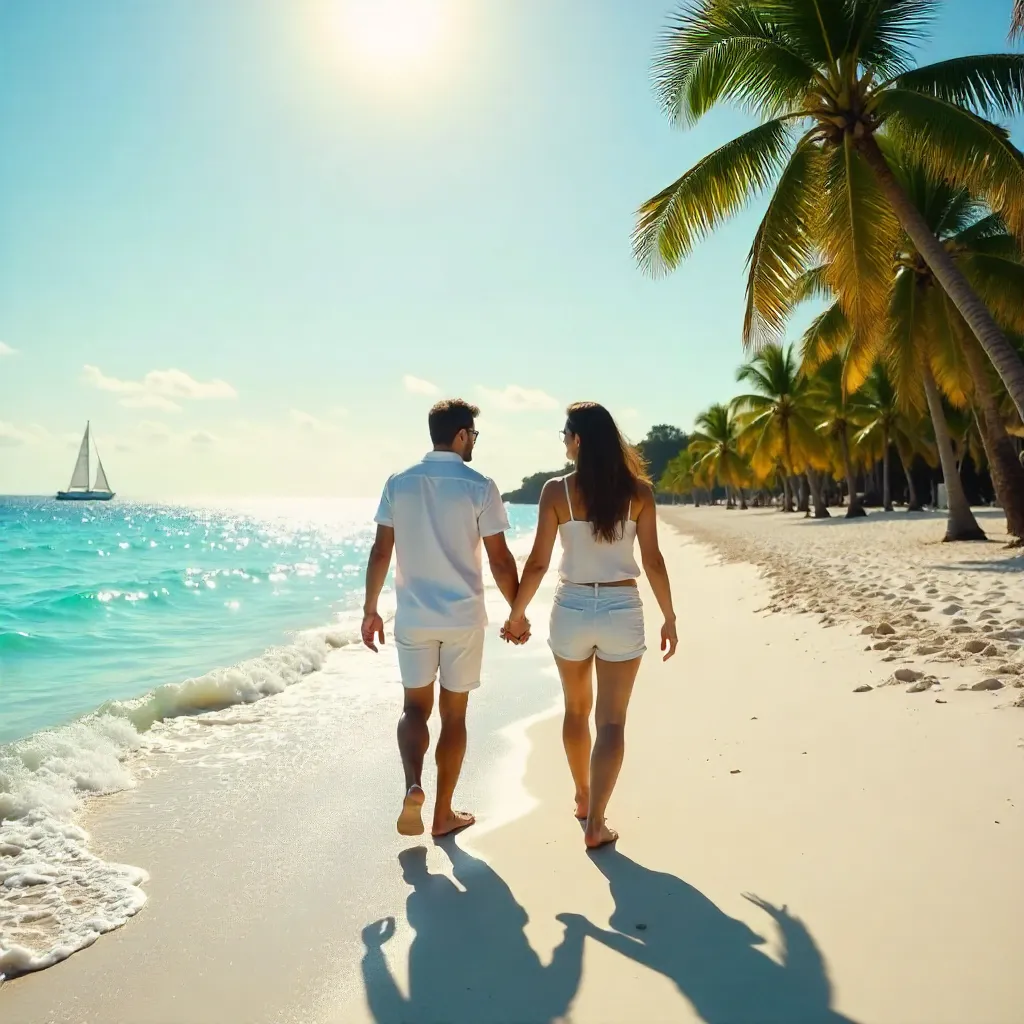 Couple Strolling on Cancun's Turquoise Beach