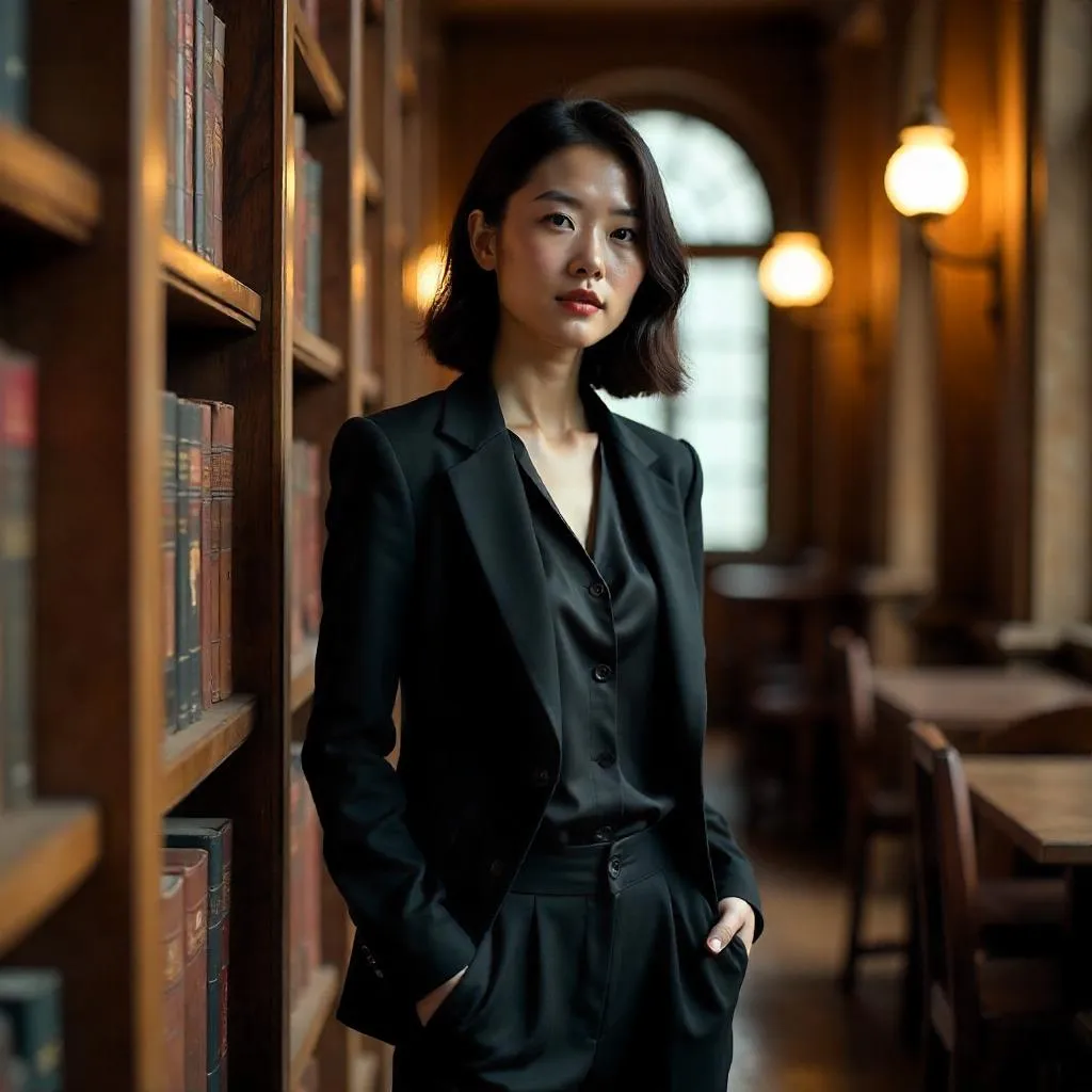 Stylish Asian Woman in a Photorealistic Library
