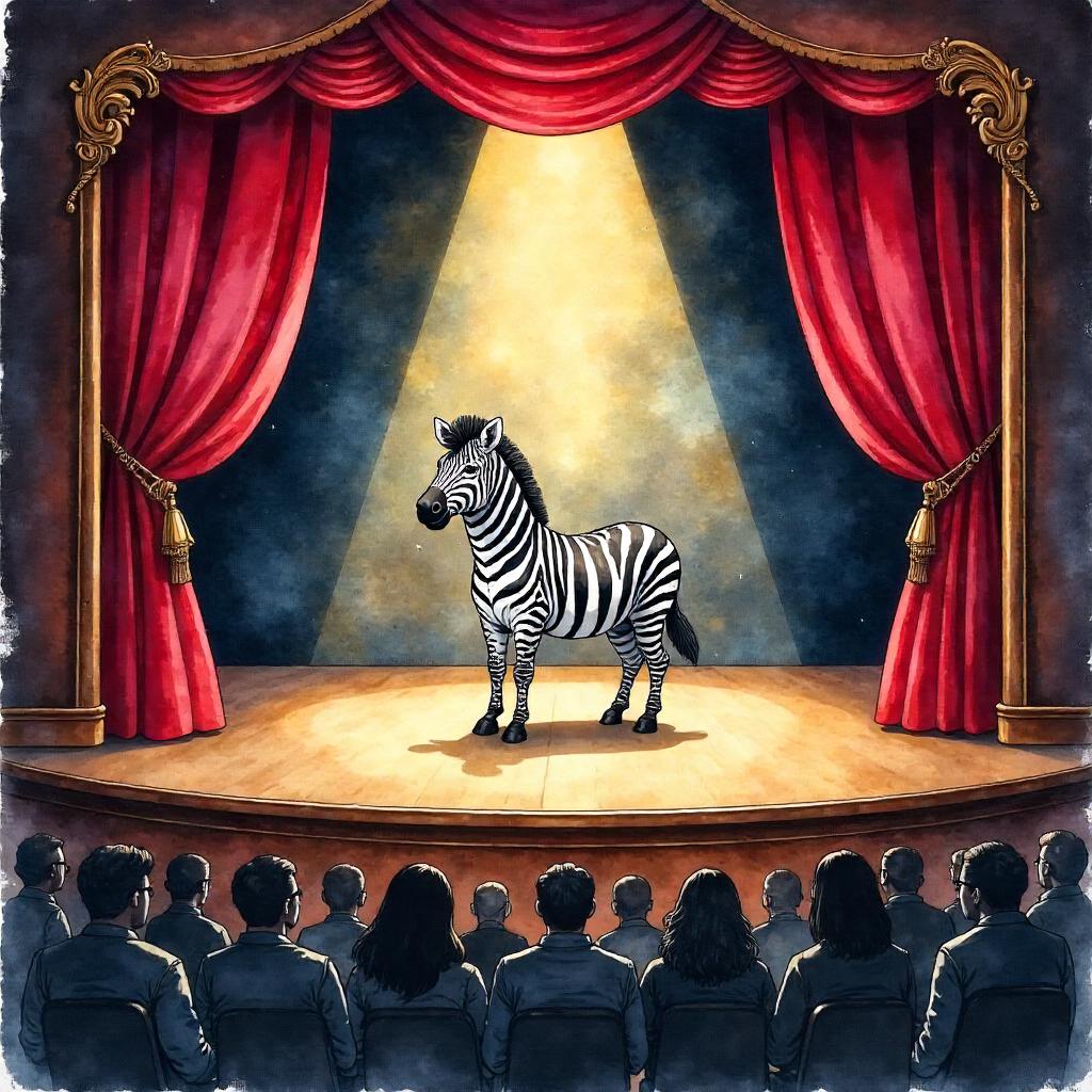 Zebra on Stage: Watercolor Theater Scene