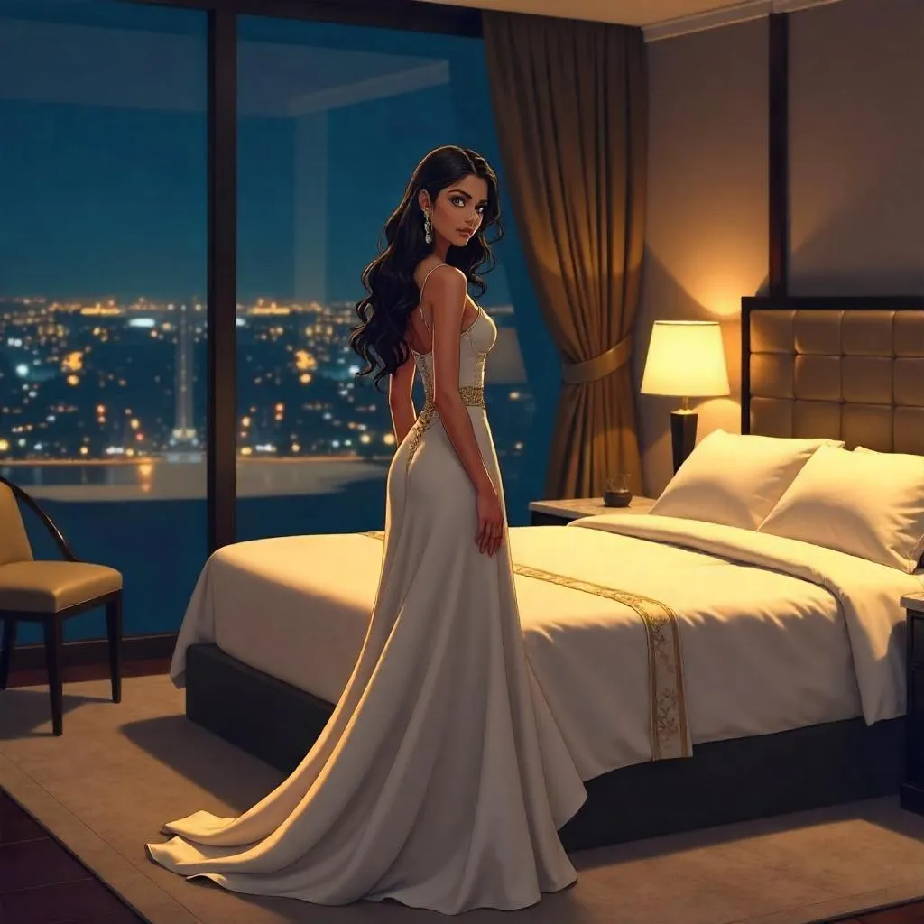 Midnight Elegance: Anime Woman in a Hotel Room