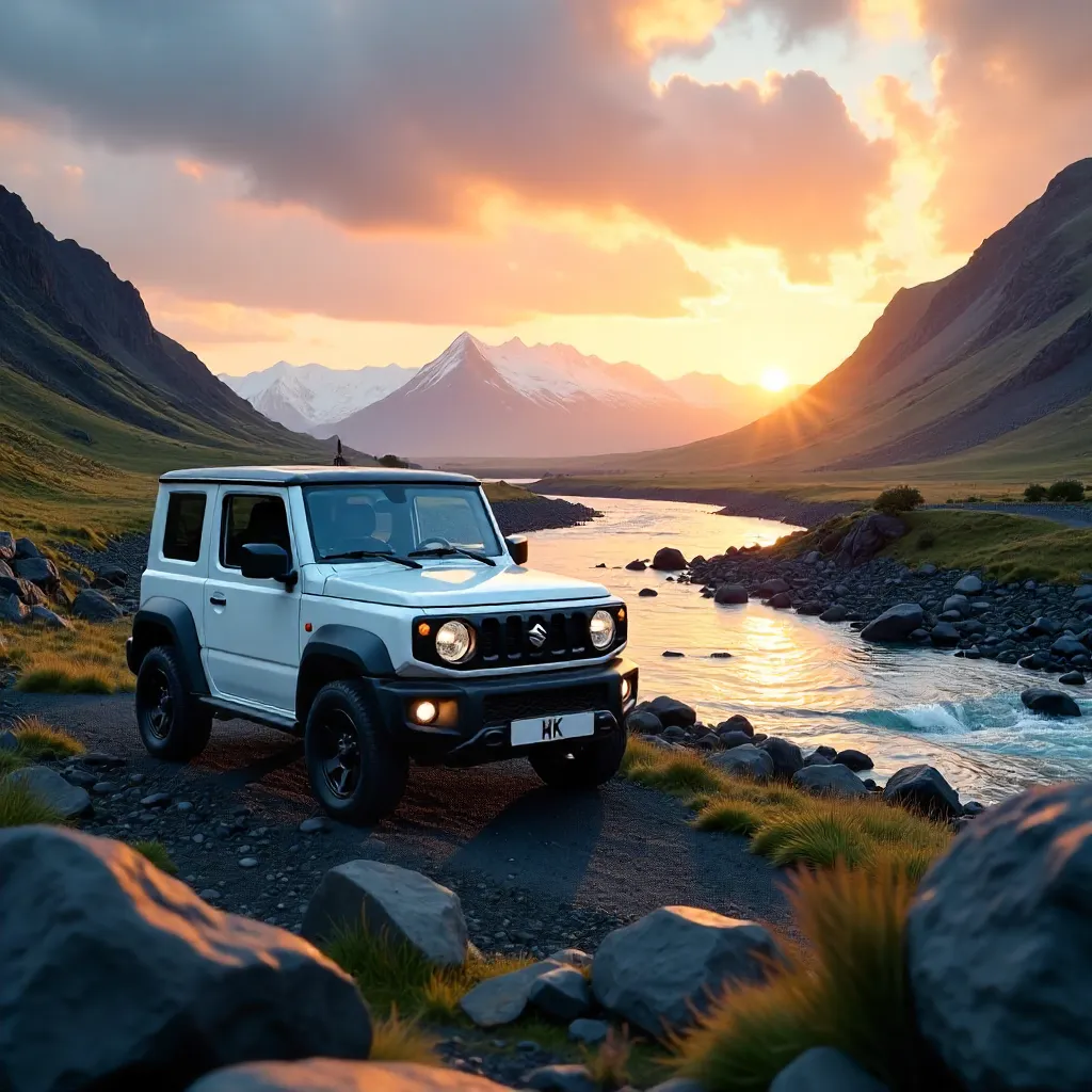 White Suzuki Jimny by Icelandic Sunset River