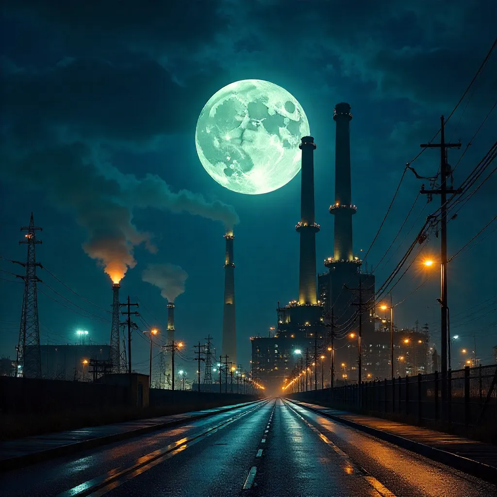 Moonrise Behind a Luminous Industrial Power Plant