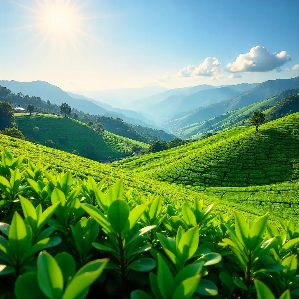 Sunlit Expansive Tea Plantation Panorama