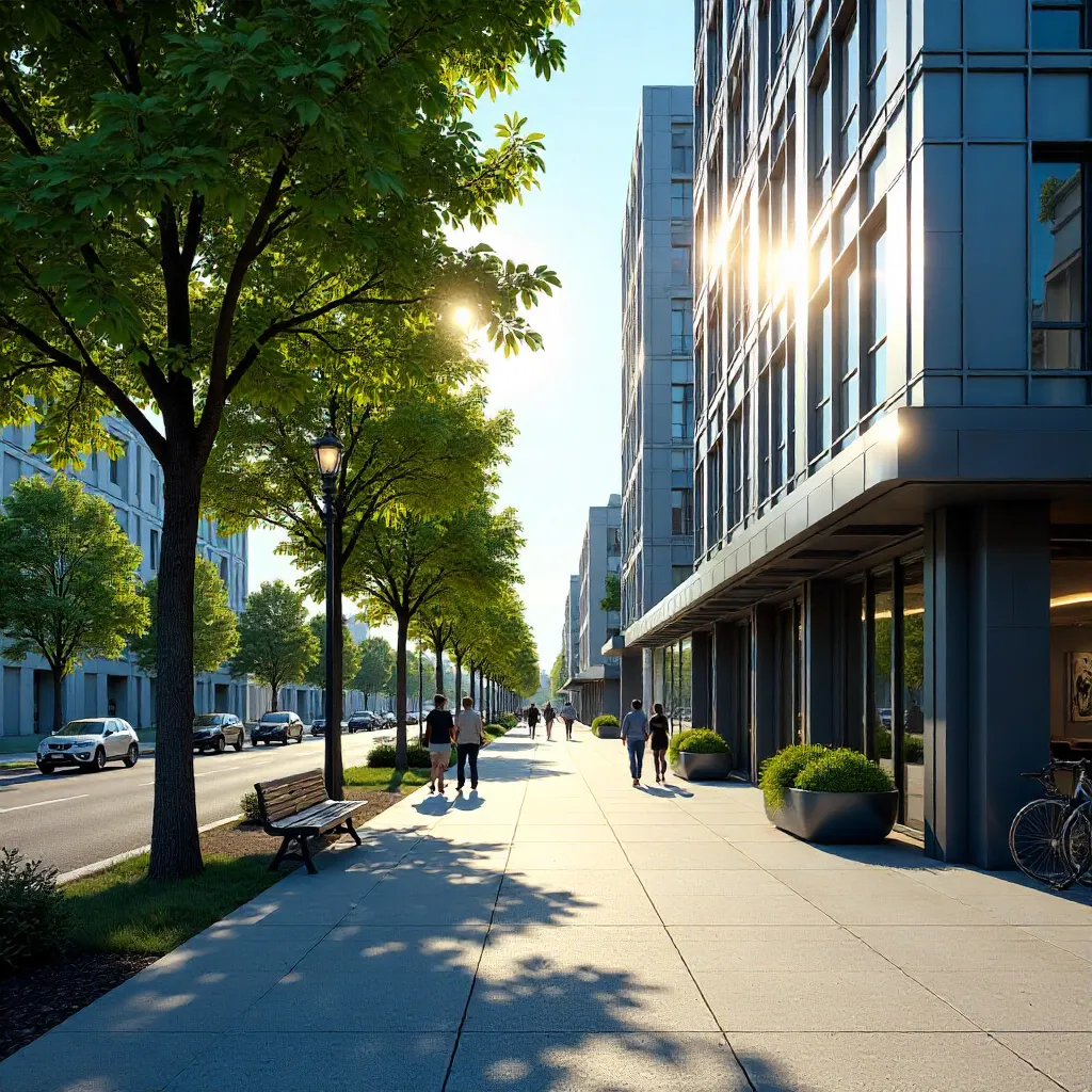 Sunlit Urban Walkway with Trees and Modern Facade