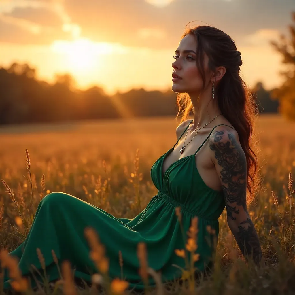 Autumn Sunset Serenity: Tattoos in a Green Dress