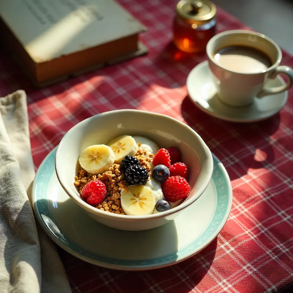 Cozy Vintage Breakfast Flat Lay on Red Checkered Cloth