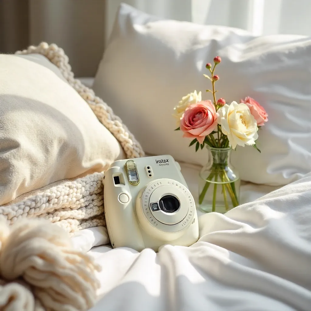 White Instant Camera and Fresh Flowers on a Cozy White Bed