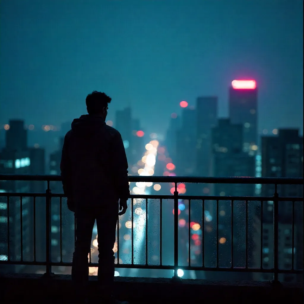 Silhouette Gazes Over a Blurred Neon City
