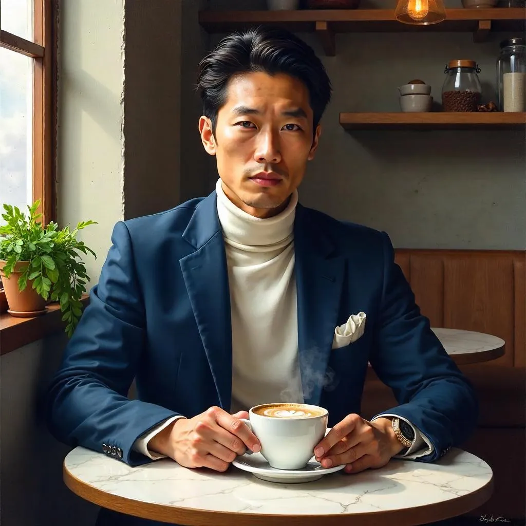 Three-Quarter Portrait: Stylish Asian Man in a Café