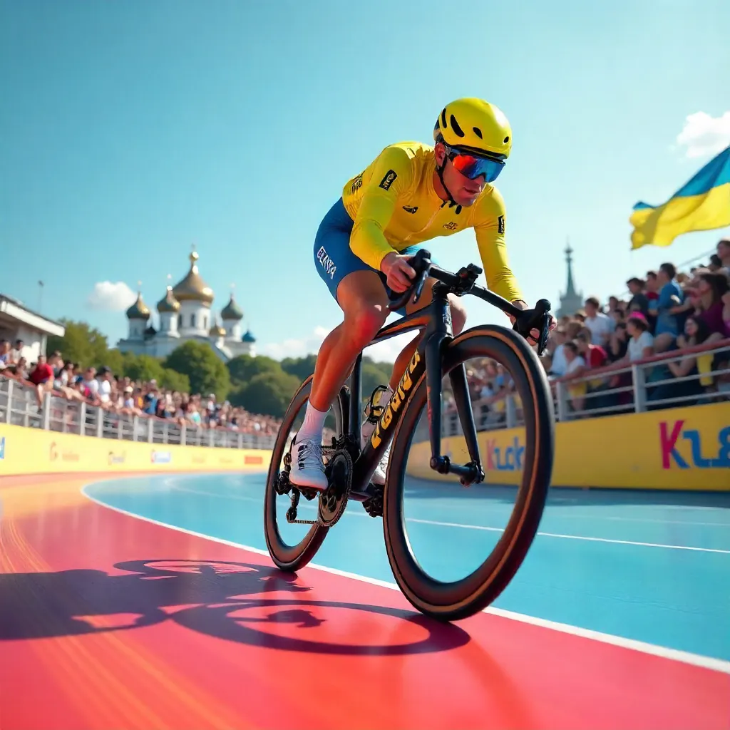 Cyclist Racing on a Colorful Kyiv Velodrome Track