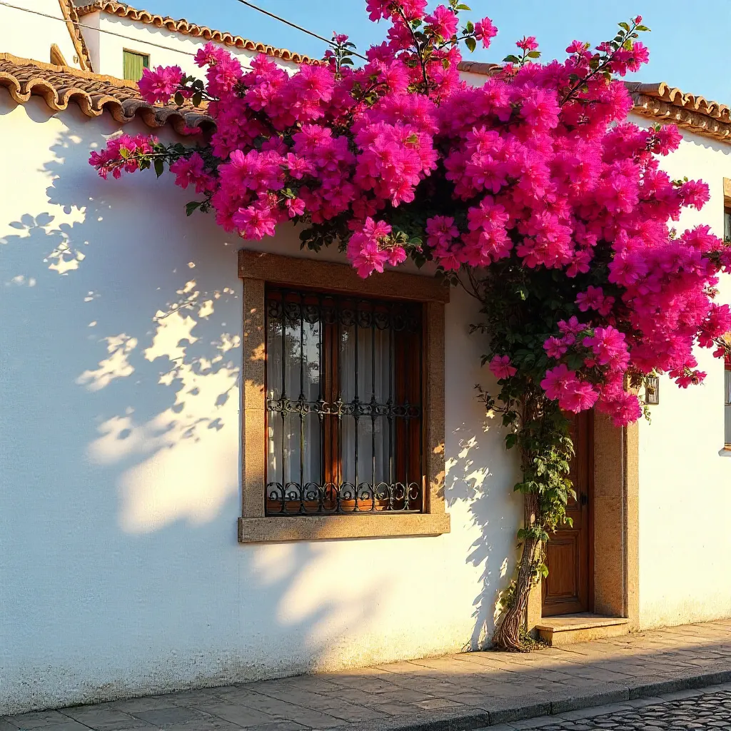 Málaga White Facade with Pink Bougainvillea and Rustic Window