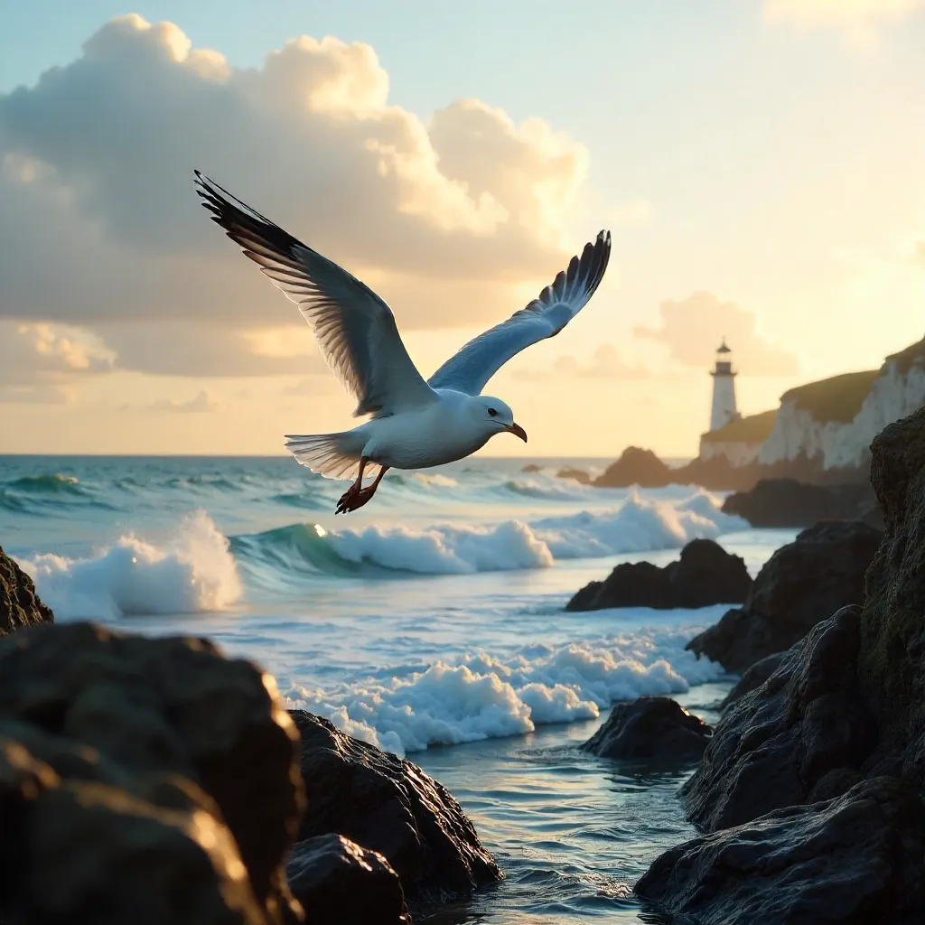 Seagull over England's rocky coastline at golden hour