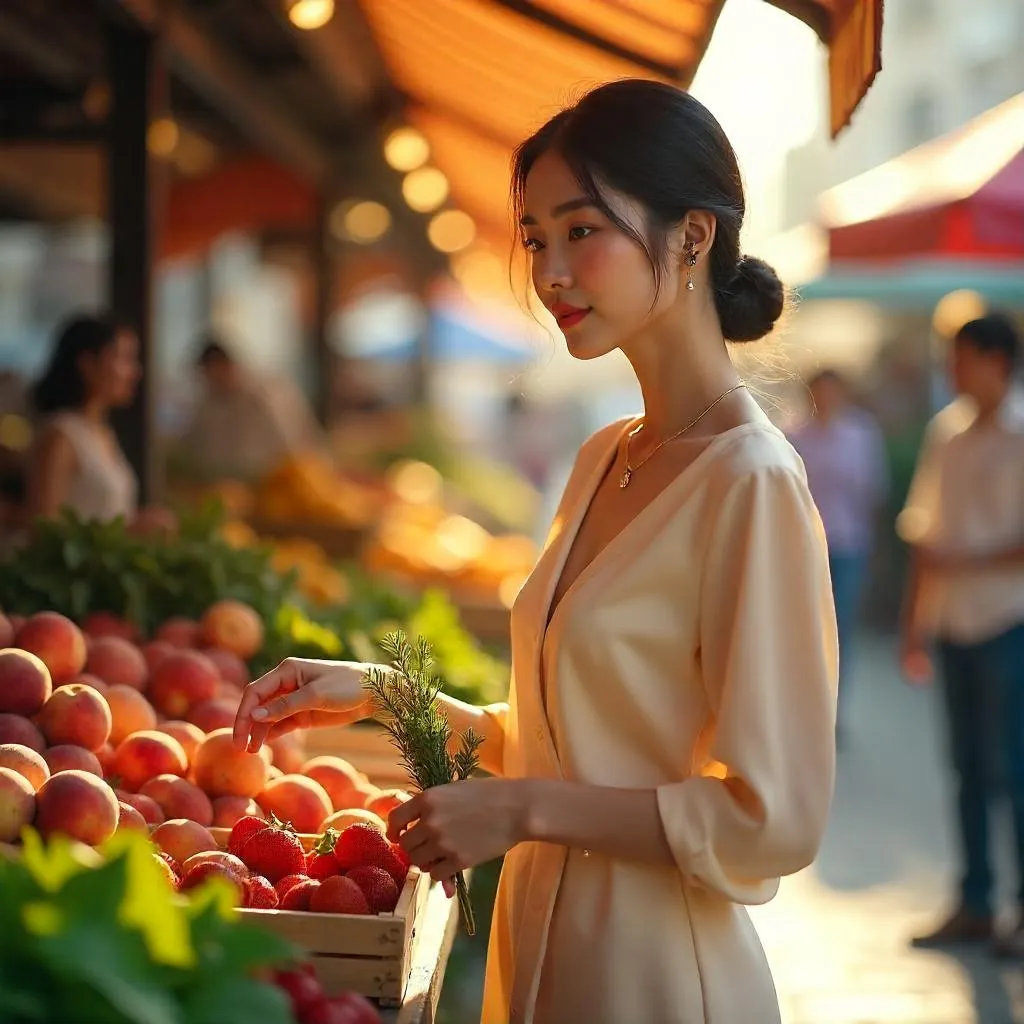 Elegant Asian Girl at a Lively Farmers Market