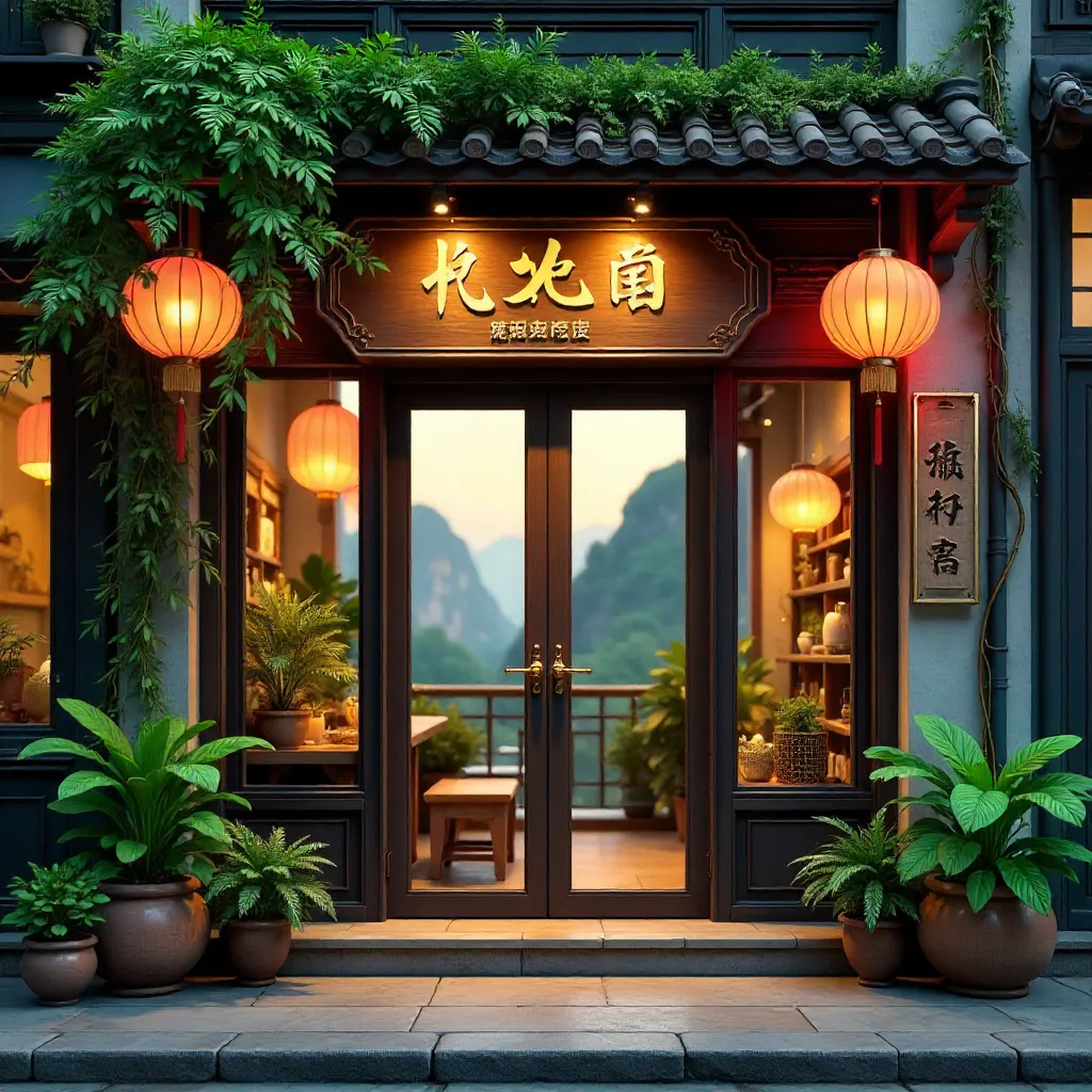Guilin Boutique Entrance with Greenery and Lanterns