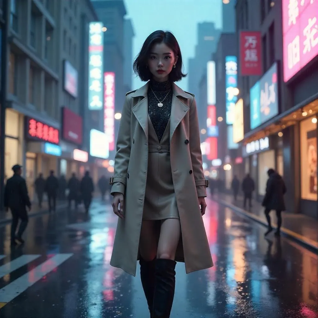 Urban Elegance: 3D Rendered Asian Girl in Neon City