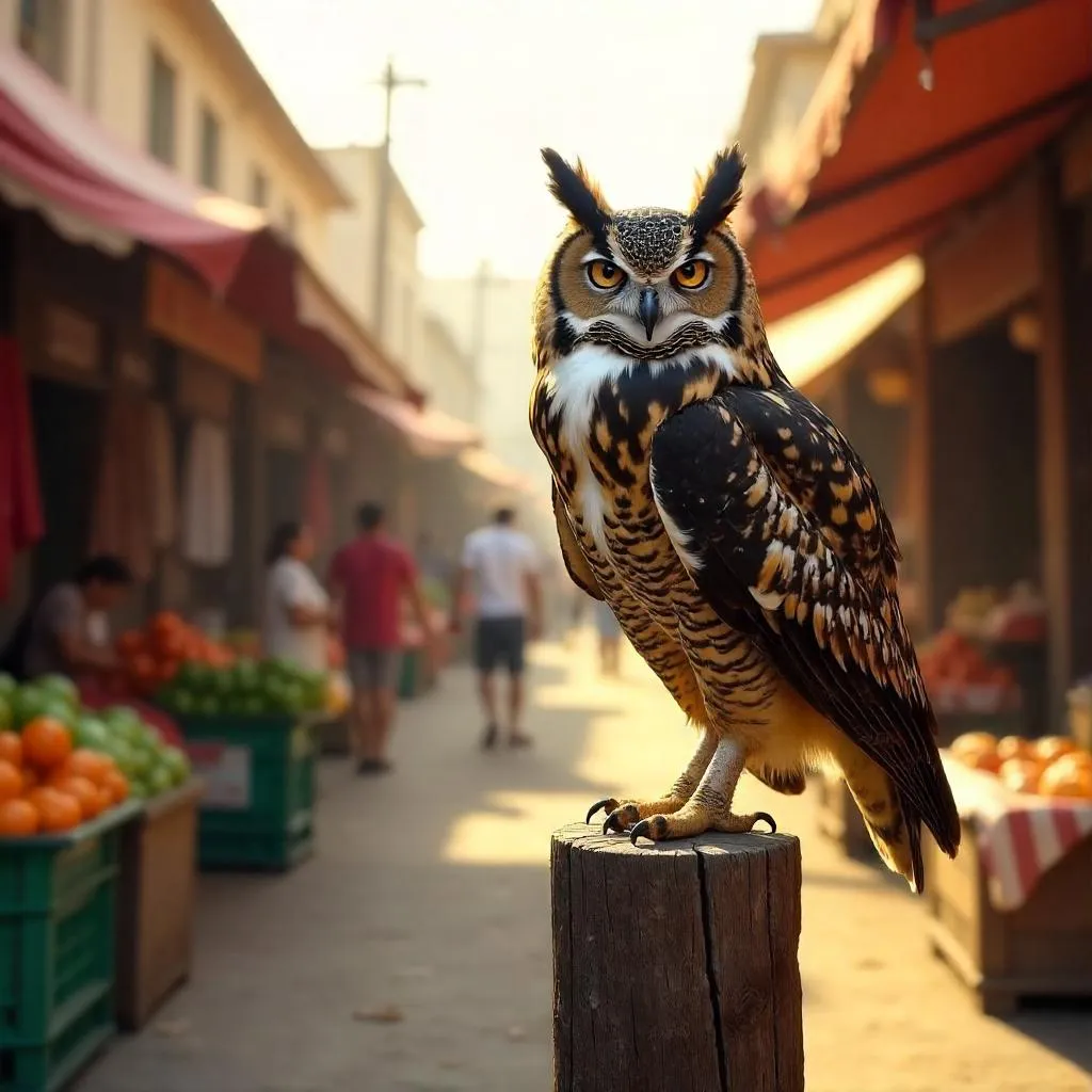 Photorealistic Owl in a Bustling Marketplace