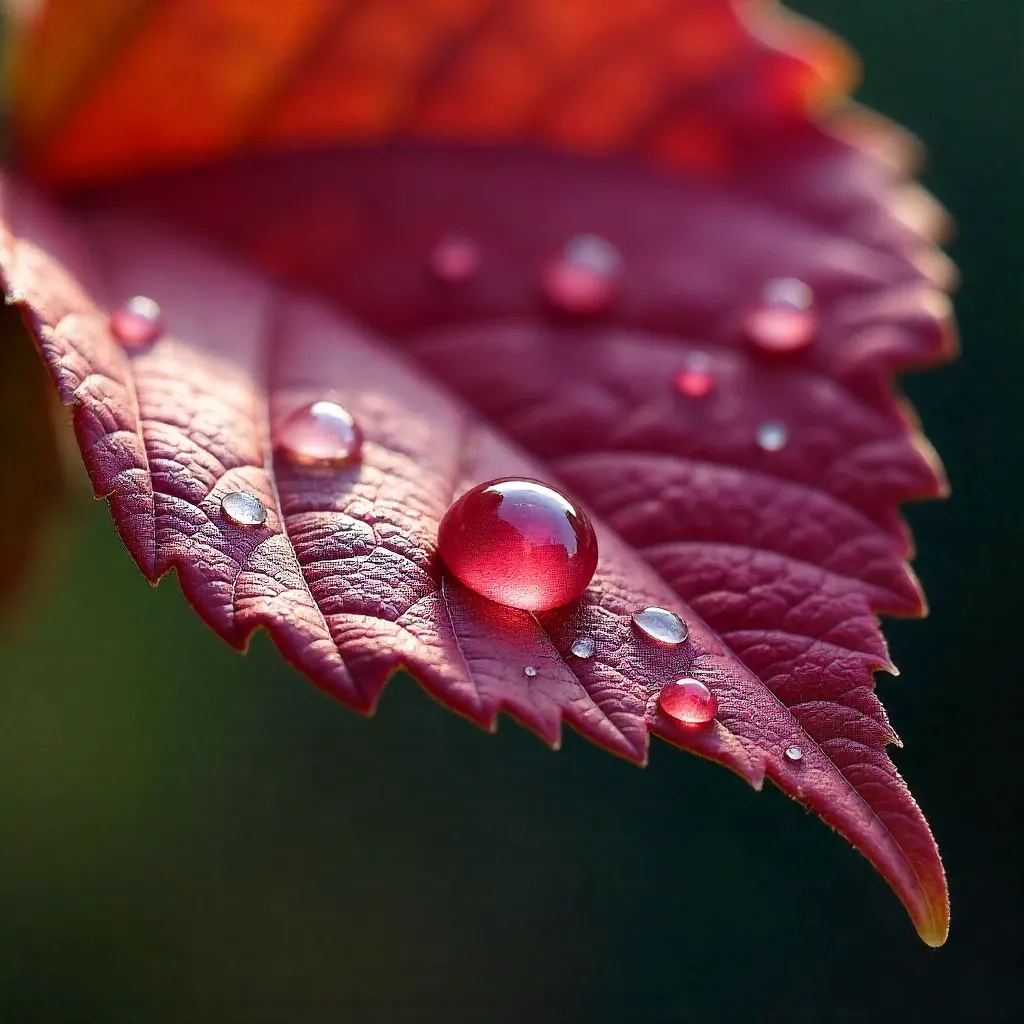 Macro Dew on a Red Leaf: Nature's Details