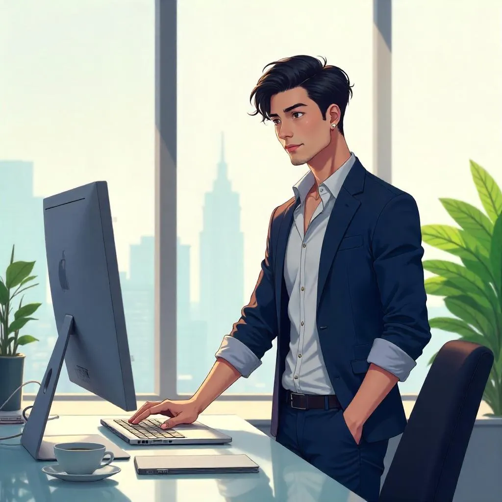 Handsome Asian Man in a Modern Anime Workspace