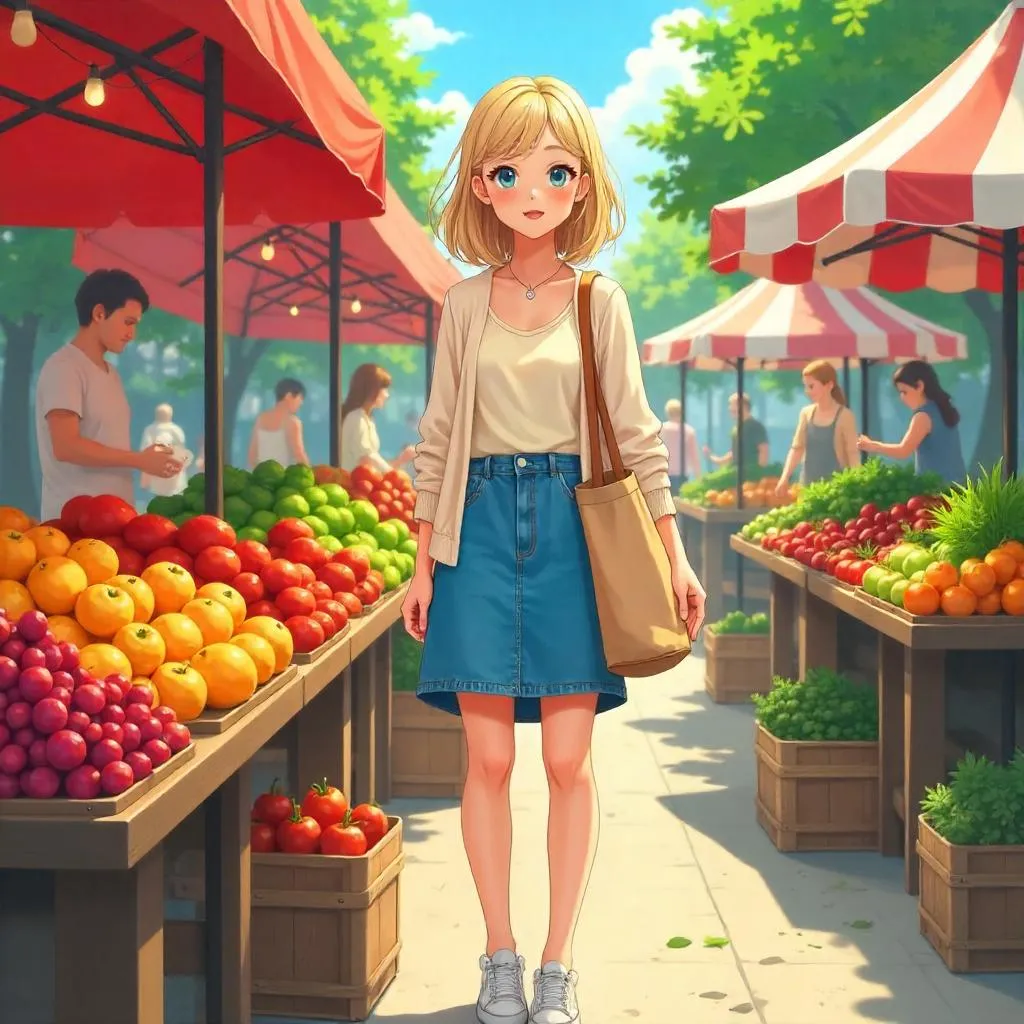 Anime-Style Young Woman at a Colorful Farmers Market