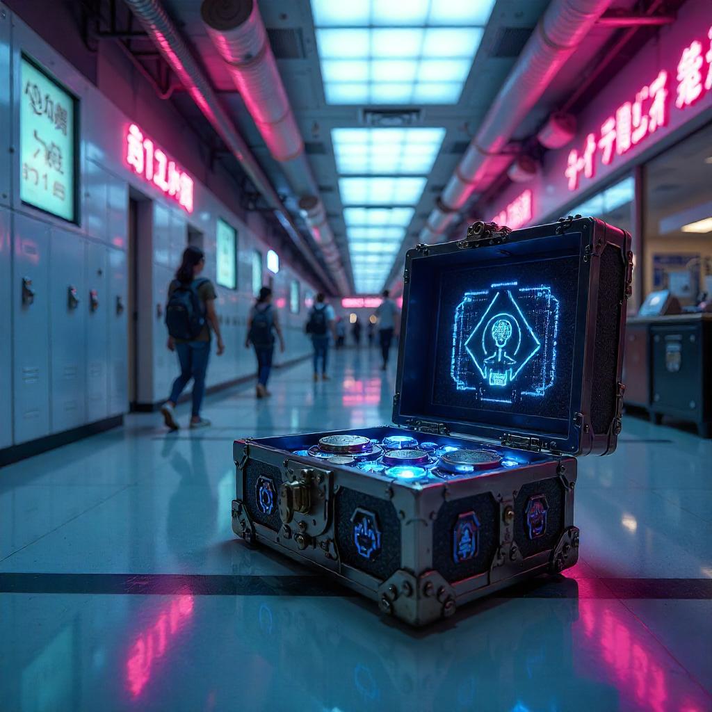 Cyberpunk Treasure Chest in a Futuristic School