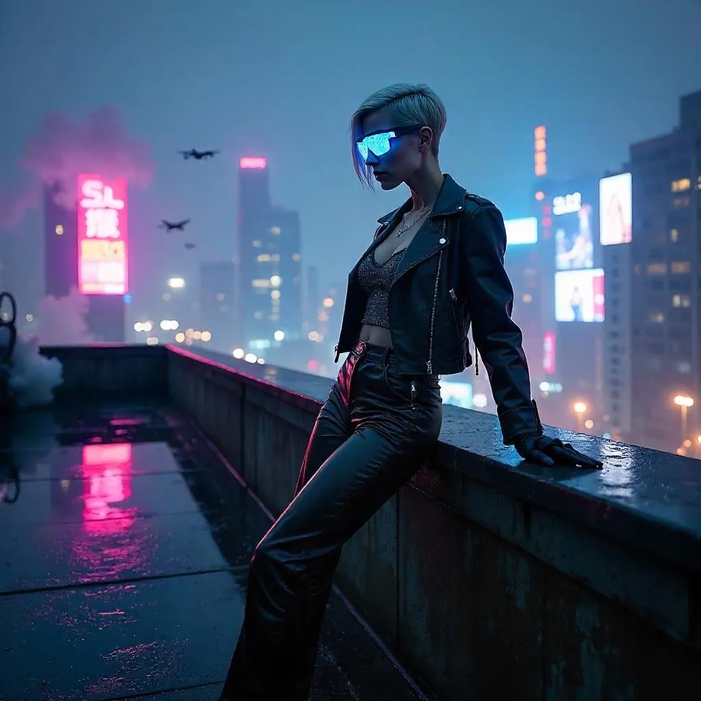 Neon Rooftop Cyberpunk Fashion Muse