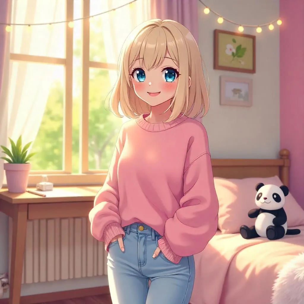 Cheerful Anime Girl in a Cozy Bedroom