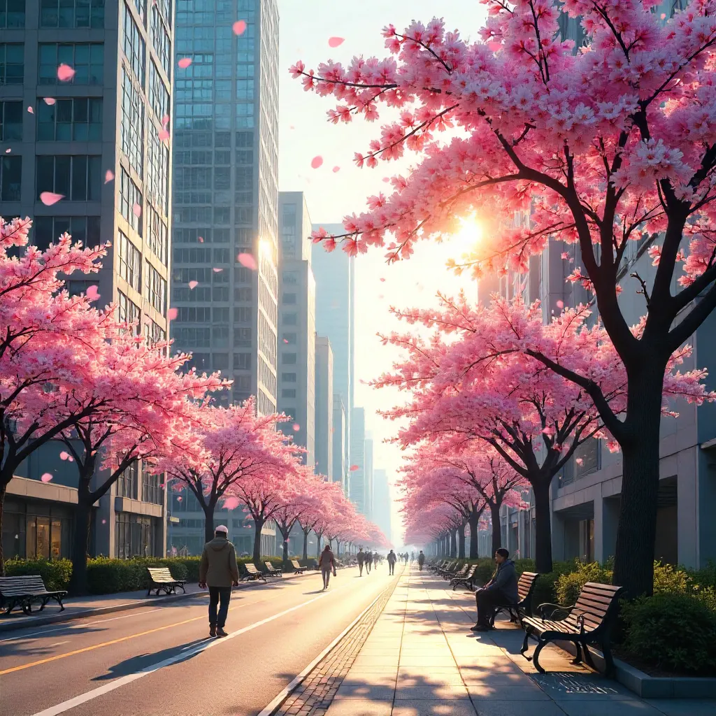 Cherry Blossoms Surrounding Tall Skyscrapers in Spring
