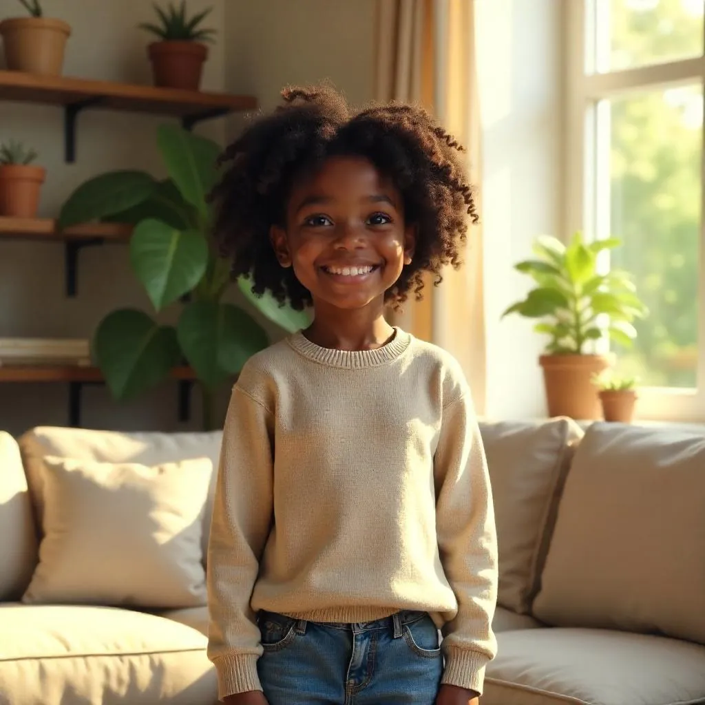 Cheerful Black Girl at Home, Photorealistic