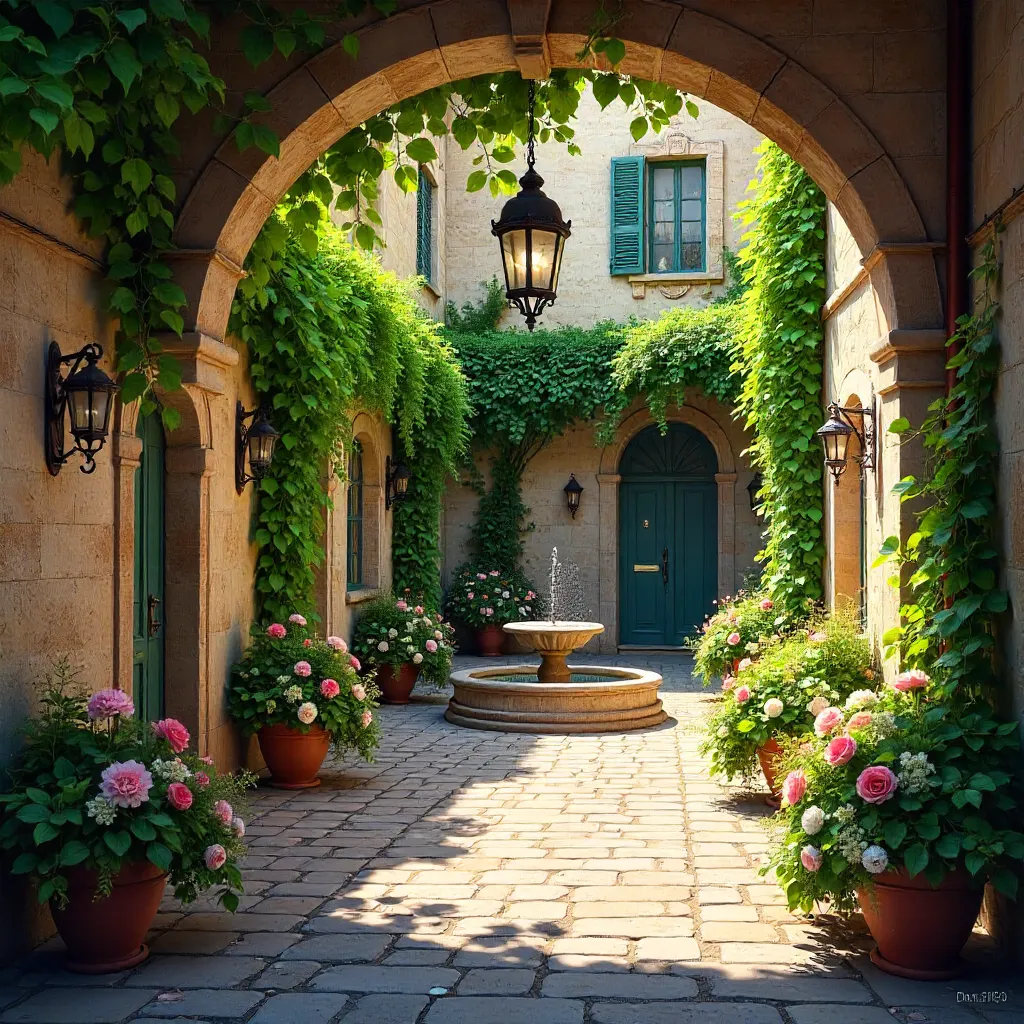 Lush Historic Courtyard in Bloom Under Blue Sky