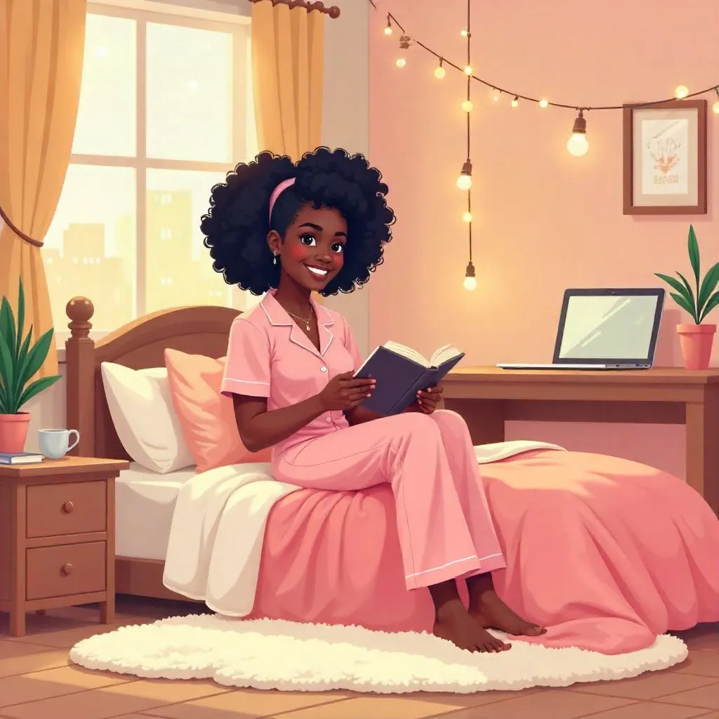 Cartoon Portrait of an Adult Black Woman in a Cozy Bedroom
