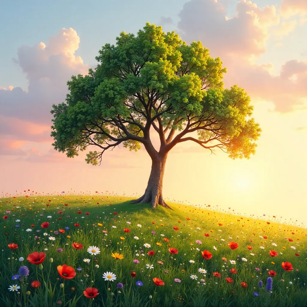 Lone Tree on a Hill with Wildflowers at Sunset