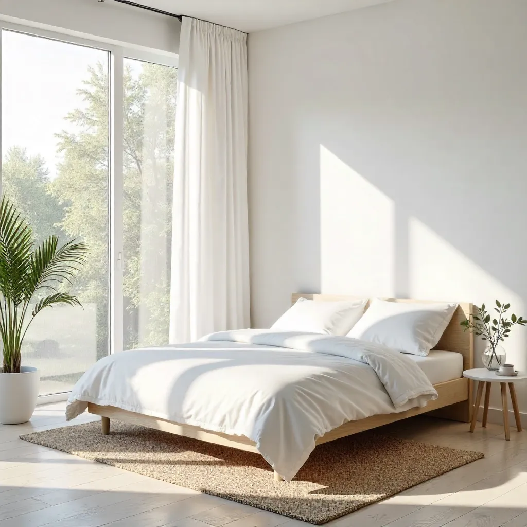 Serene Minimalist Bedroom with White Bedding and Light