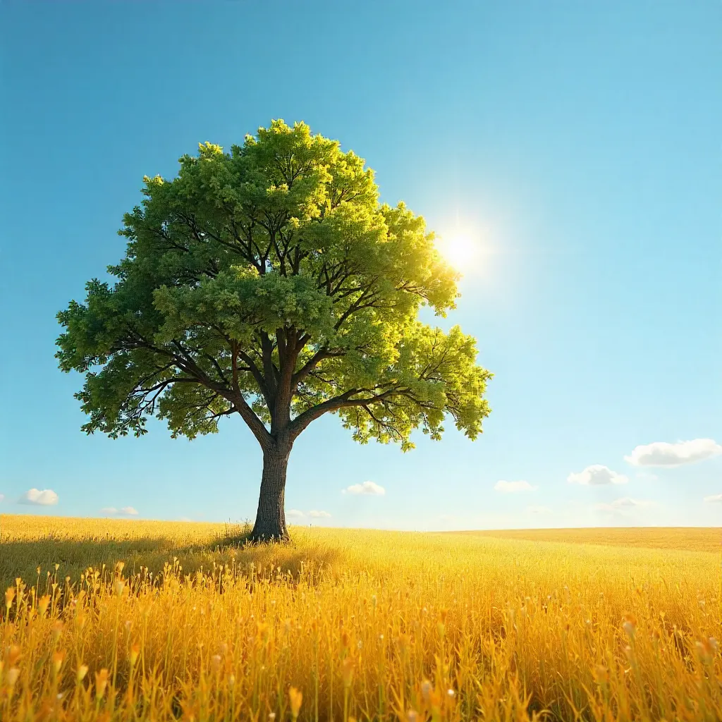 Solitary Tree in a Golden Field Under a Clear Sky