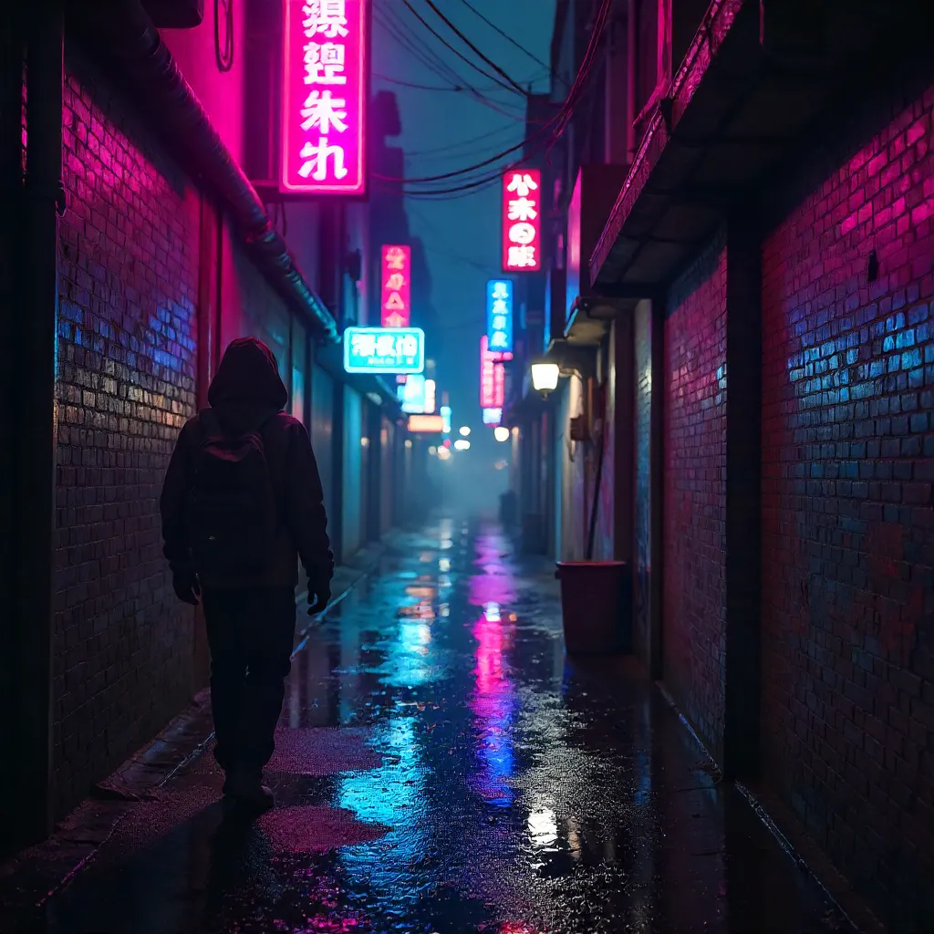 Neon Night Walk: Urban Explorer in a Neon Alley
