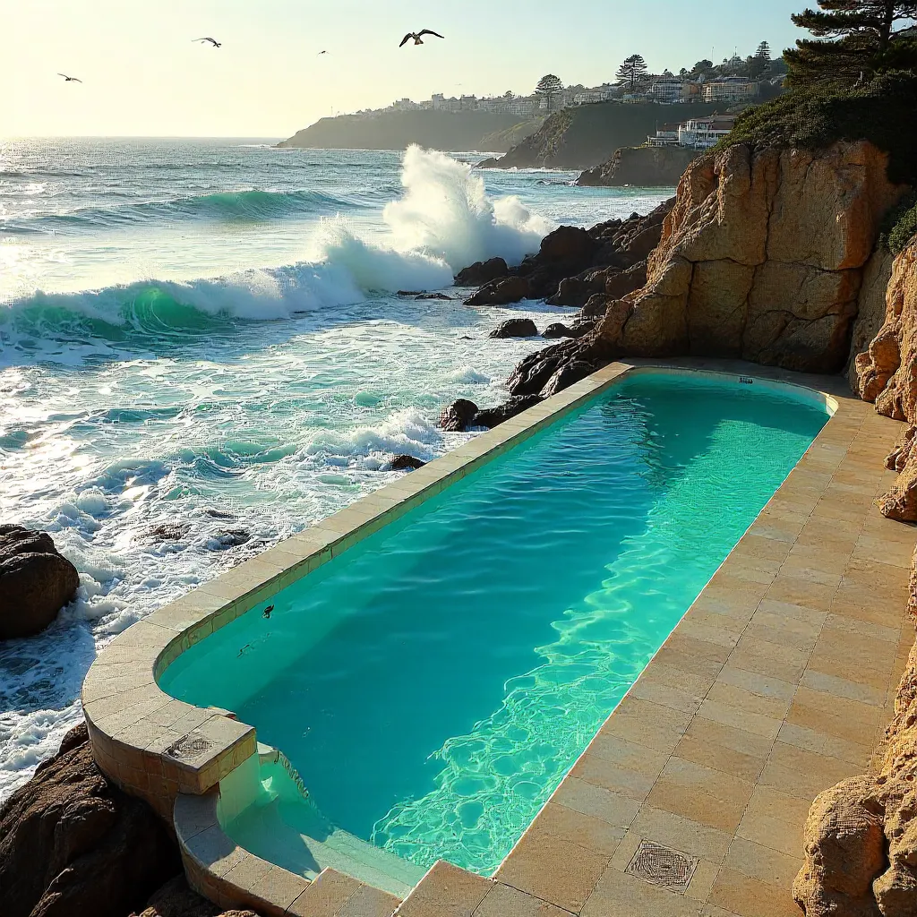 Bondi Icebergs Pool at Golden Hour: Waves on Rocks
