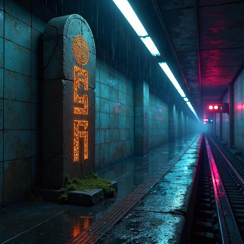 Runic Stone in a Neon Subway Station