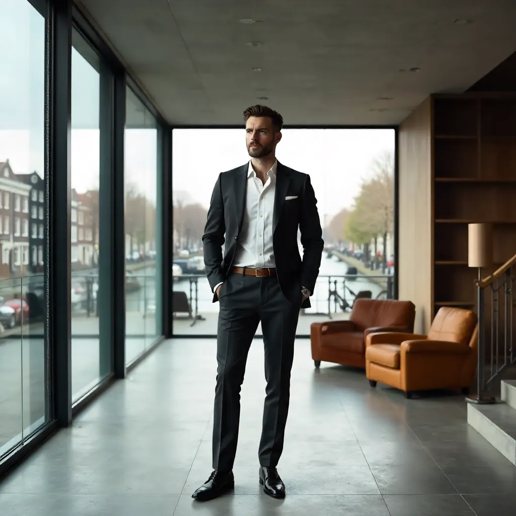 Stylish Man in Amsterdam's Modern Architectural Space