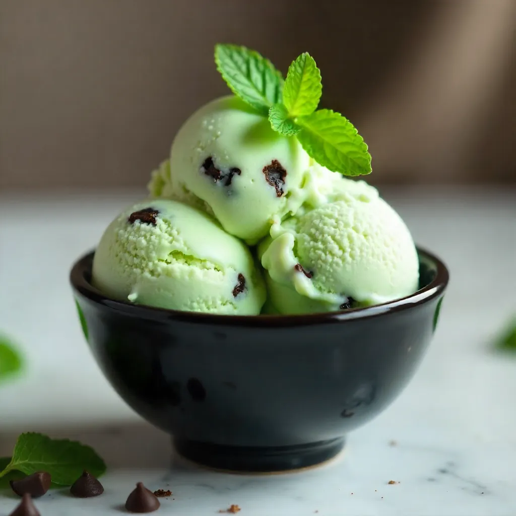 Elegant Mint Chip Ice Cream in a Black Bowl