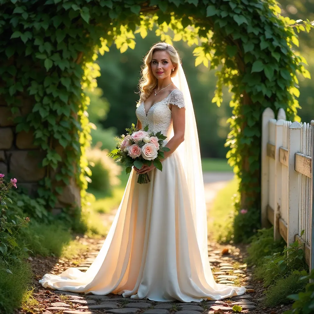 Vintage Outdoor Bride in White Dress with Bouquet