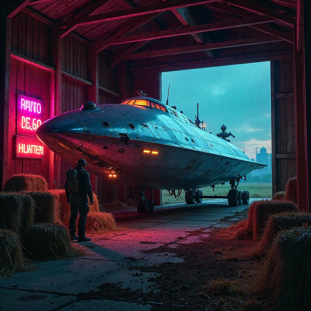Cyberpunk Spaceship Docked in a Rural Farmhouse