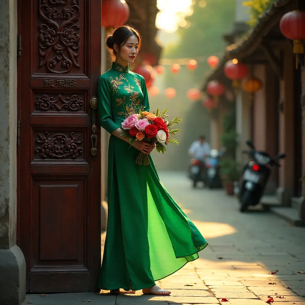 Ao Dai by an Ornate Hanoi Door