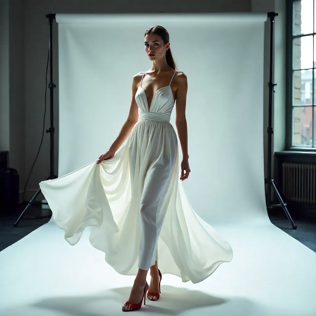 Dynamic London Studio Fashion Portrait in White Dress